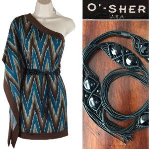 o'Sher Sexy One Shoulder One Flutter Sleeve Bodycon Brown Blu Belted Mini Dress